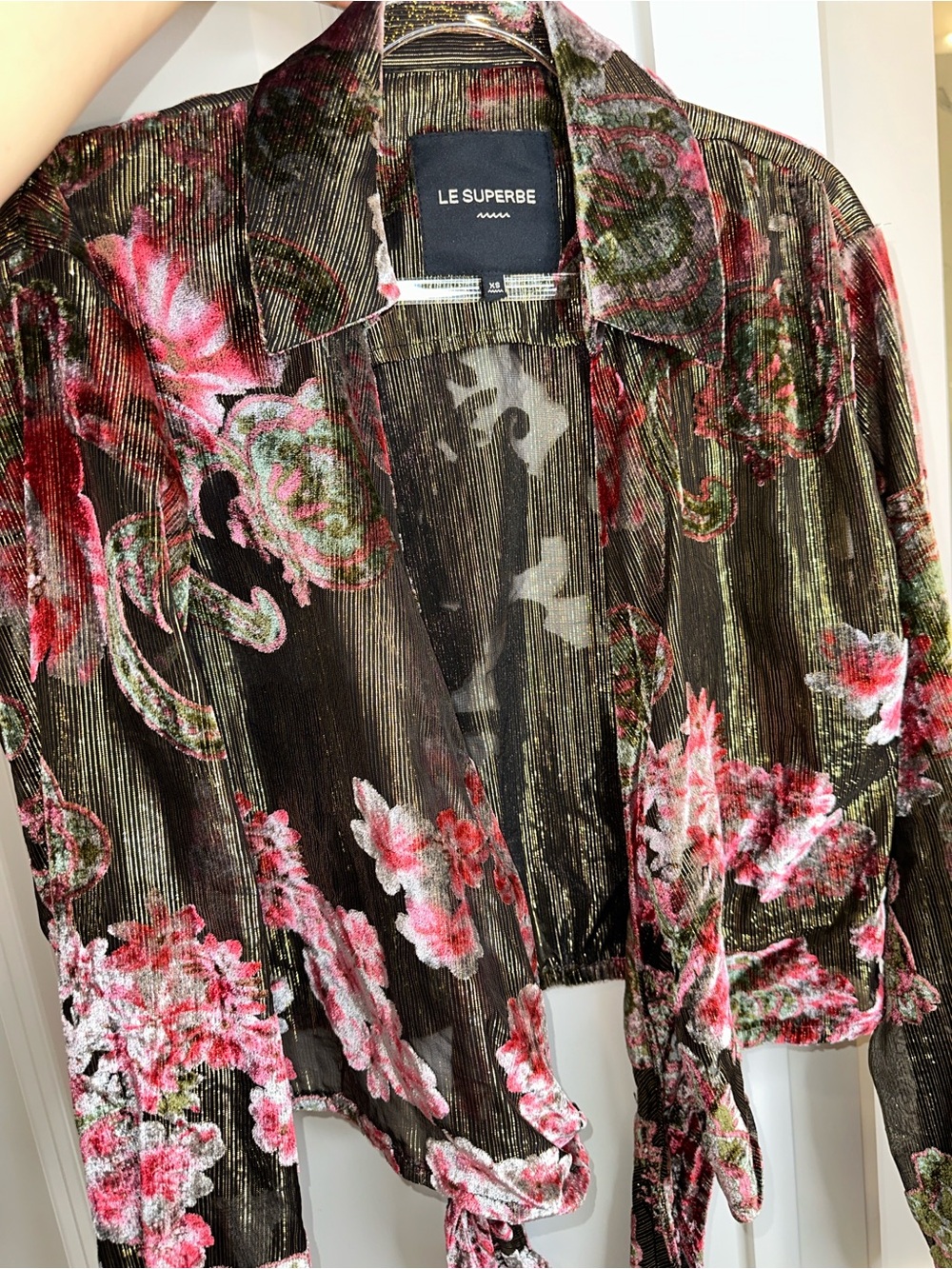 Le Superbe Velvet Floral Blouse in Olive & Pink - Picture 13 of 16